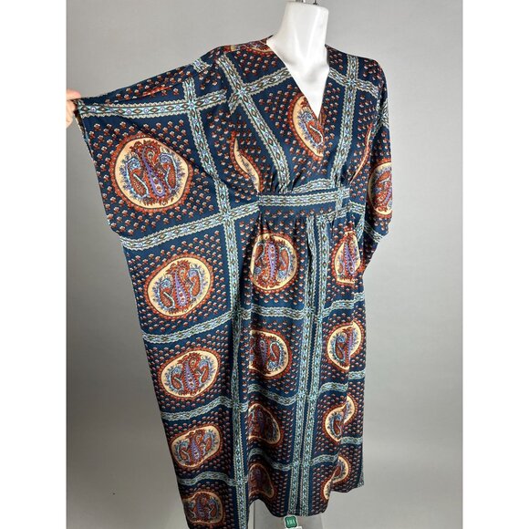 Vtg 70s Paisley Blue Floral Kaftan Muumuu Dress Womens One Size Fits Many - Picture 3 of 8